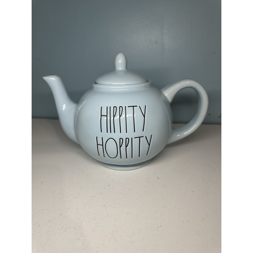 Rae Dunn HIPPITY HOPPITY Ceramic Light Blue Teapot Easter Spring 8"H x 10"W